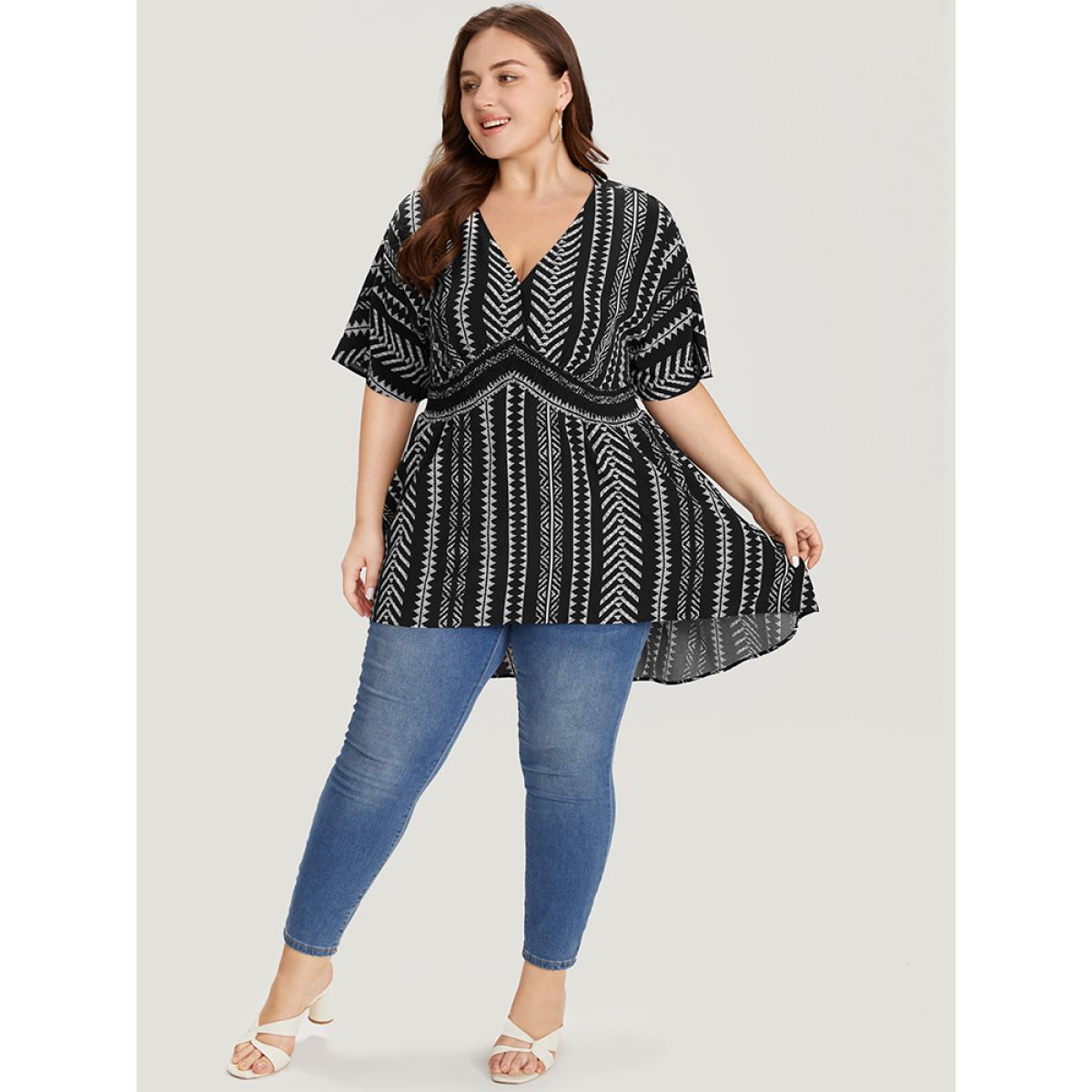 Plus Size Black Bandana Print High Low Hem Patchwork Blouse Women Elegant Short sleeve Deep V-neck Vacation Blouses BloomChic 14-16/1X Product Image