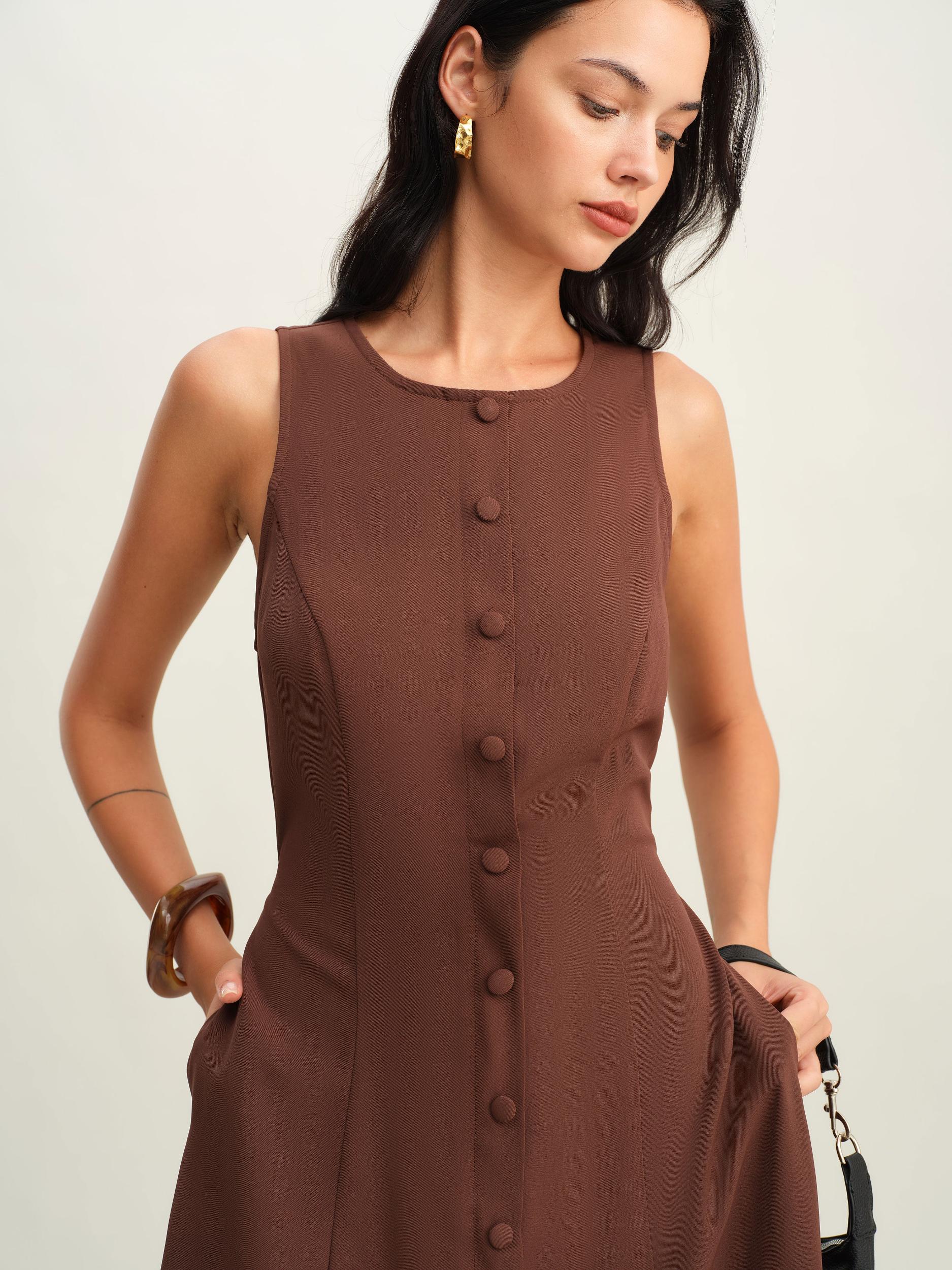 Brown Round Neck Button Sleeveless Maxi Dress Product Image