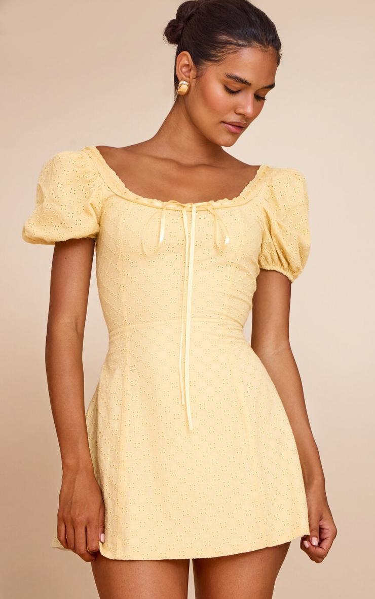 Yellow Broderie Puff Sleeve A-line Mini Dress Product Image
