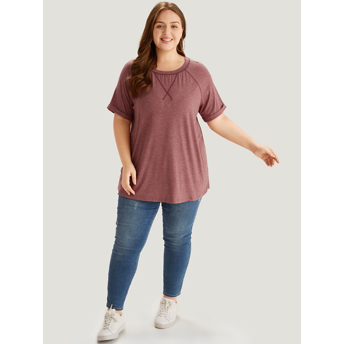 Plus Size Plain Crew Neck Stitch Roll Sleeve T-shirt Rust Women Casual Plain Plain Round Neck Dailywear T-shirts BloomChic 22-24/3X Product Image