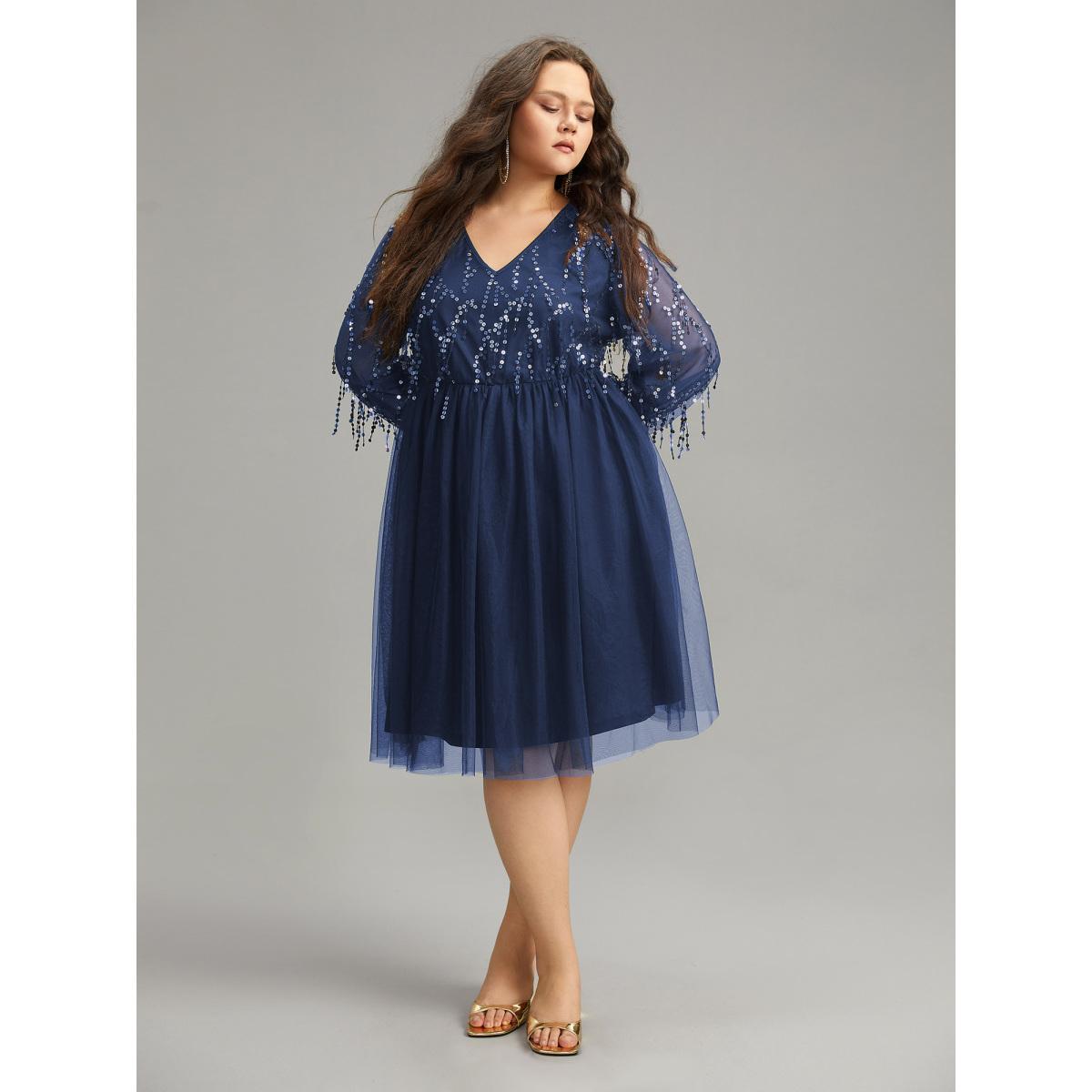 Plus Size Sequin Mesh Patchwork Tassel Dress DarkBlue Women Cocktail Gathered Overlap Collar Long Sleeve Curvy Knee Dress BloomChic 26/4X Product Image