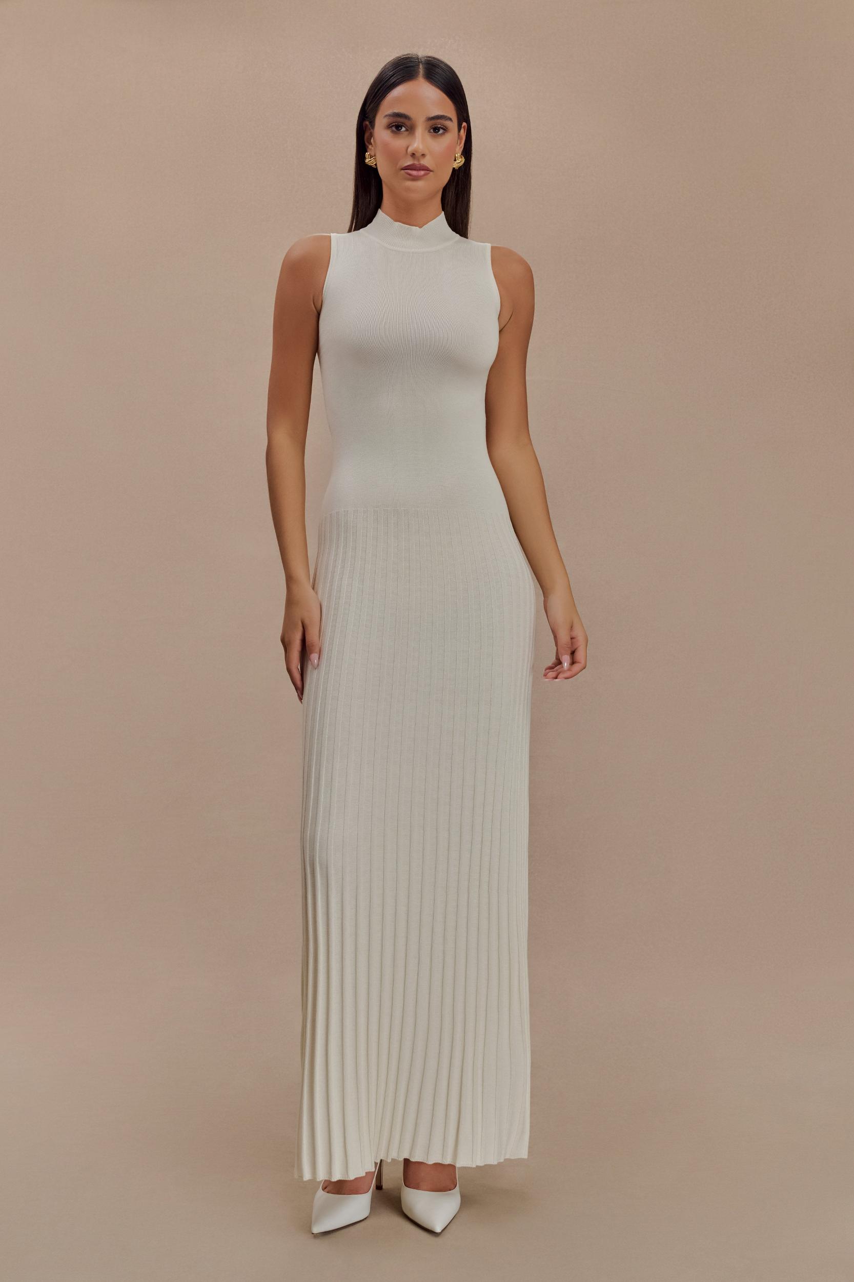 Mavis High Neck Pleated Maxi Dress - Ivory Product Image