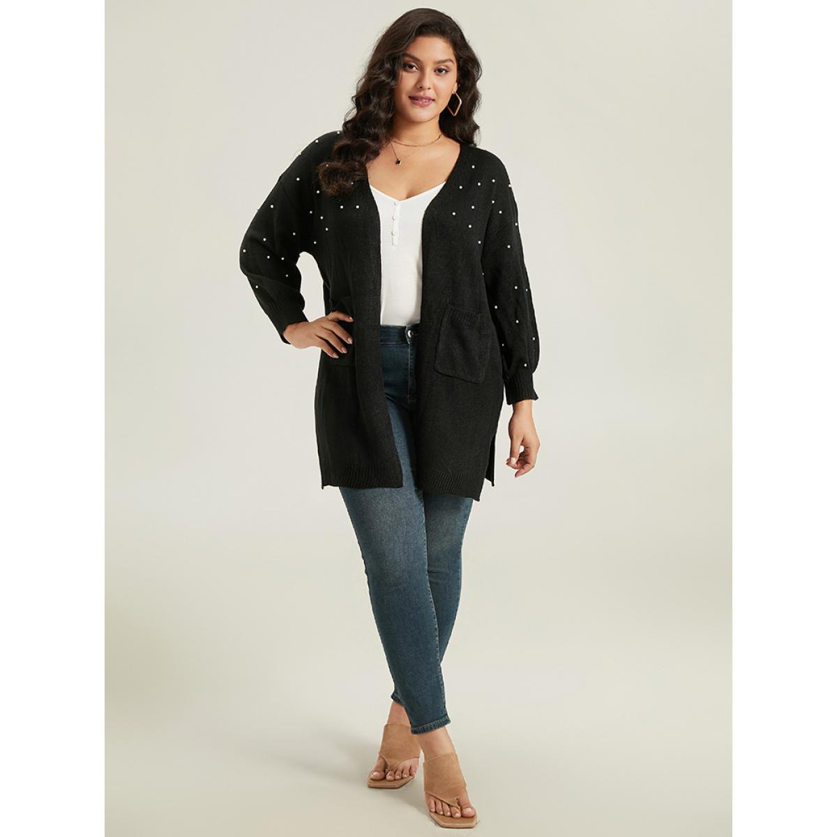 Plus Size Beaded Split Side Patched Pocket Cardigan Black Women Casual Loose Long Sleeve Everyday Cardigans BloomChic 28/5X Product Image