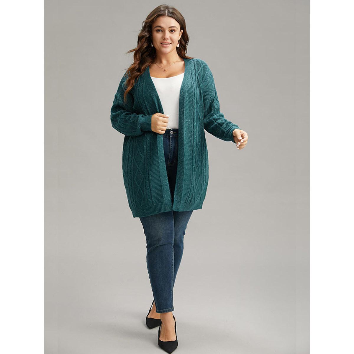 Plus Size Plain Cable Knit Luxe Open Front Cardigan Cyan Women Casual Loose Long Sleeve Dailywear Cardigans BloomChic 22-24/3X Product Image