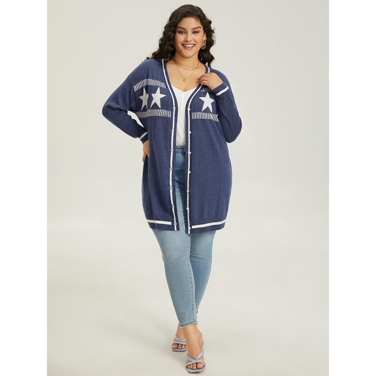 Plus Size Supersoft Essentials Star Contrast Trim Button Through Cardigan Aegean Women Casual Loose Long Sleeve Dailywear Cardigans BloomChic 30/6X Product Image