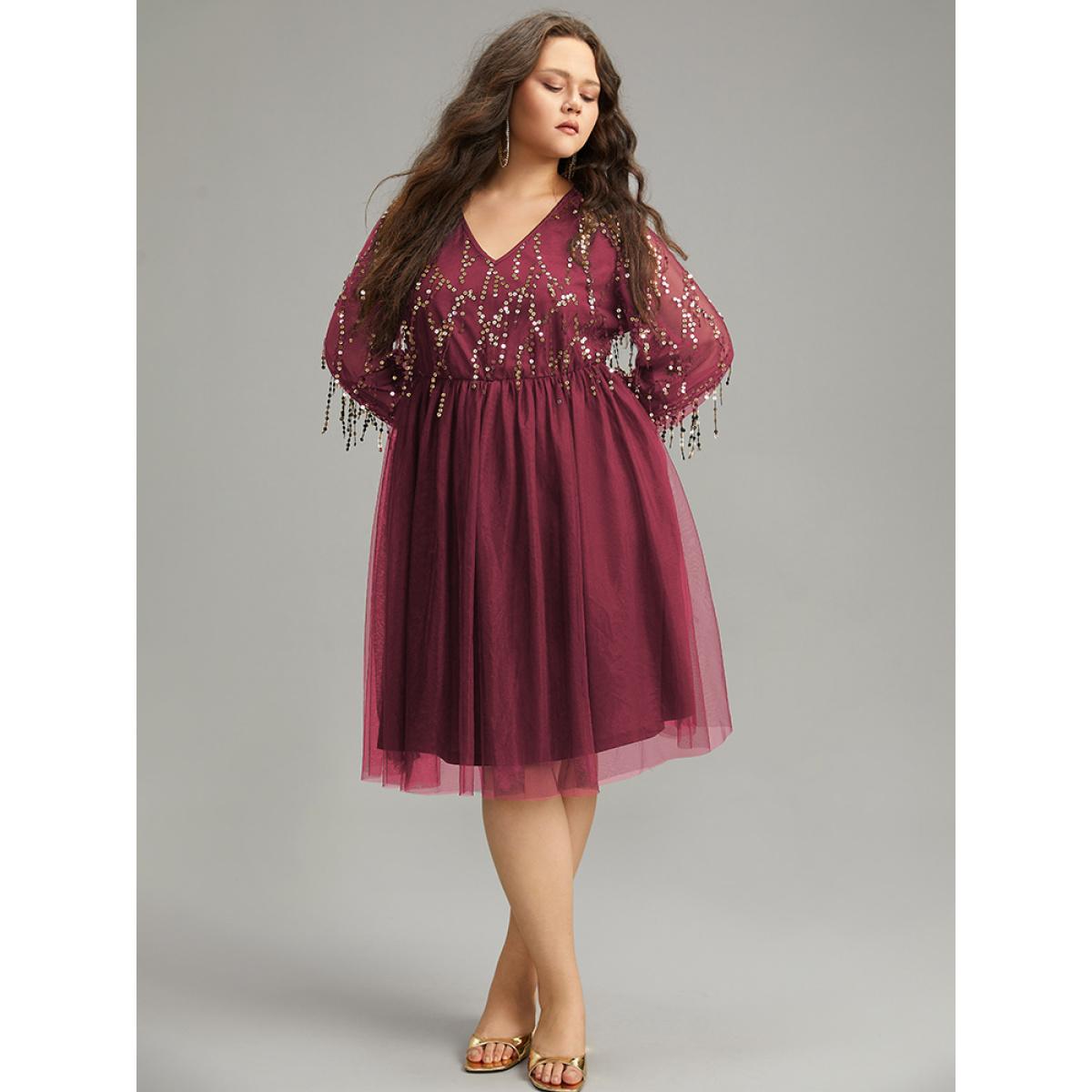 Plus Size Sequin Mesh Patchwork Tassel Dress Scarlet Women Cocktail Gathered Overlap Collar Long Sleeve Curvy Knee Dress BloomChic 30/6X Product Image