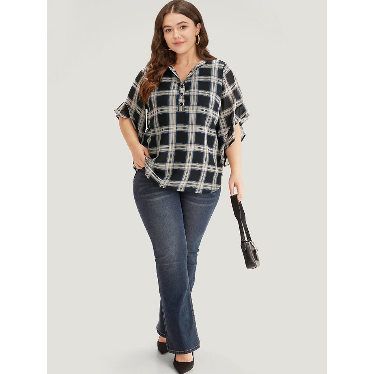 Plus Size Black Plaid Button Up Ruffles Bell Sleeve Blouse Women Office Half Sleeve Shirt collar Work Blouses BloomChic 14-16/1X Product Image