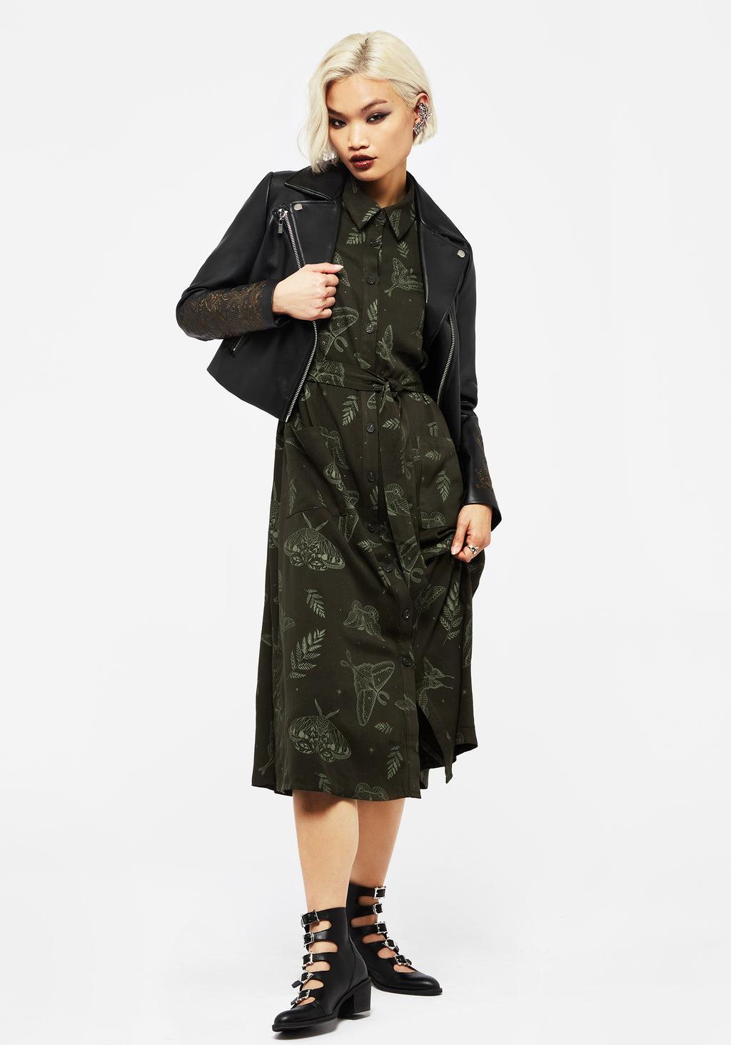 Callopistria Moth Print Midi Shirt Dress - Green Product Image