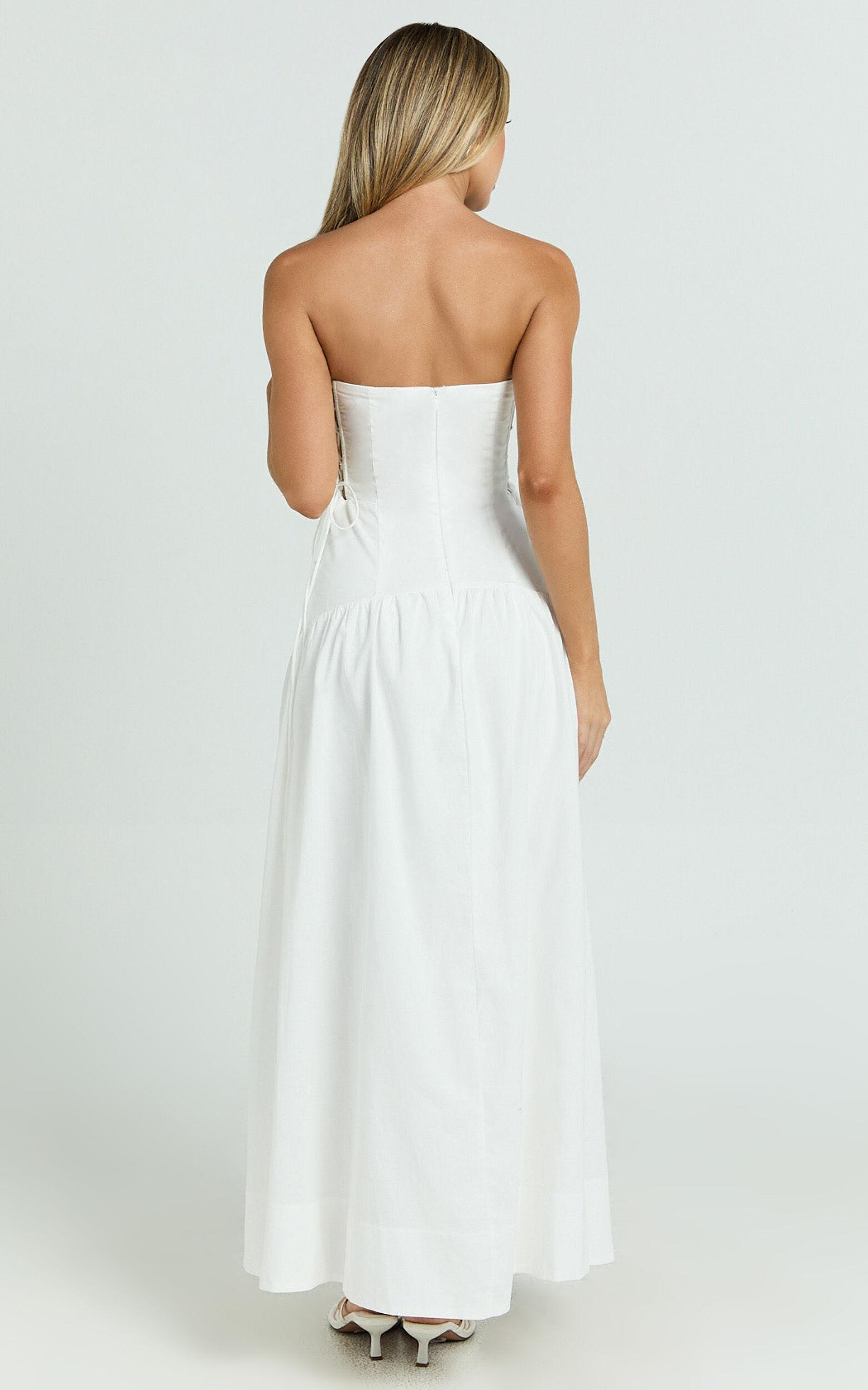 Mikkie Midi Dress - Strapless Drop Waist Side Detailing Dress in White Product Image