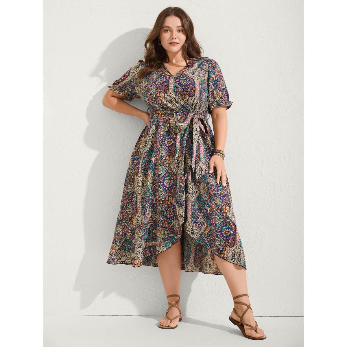 Plus Size Boho Print Overlap Hem Belted Midi Dress Multicolor Women Overlapping Overlap Collar Short sleeve Curvy BloomChic 26/4X Product Image