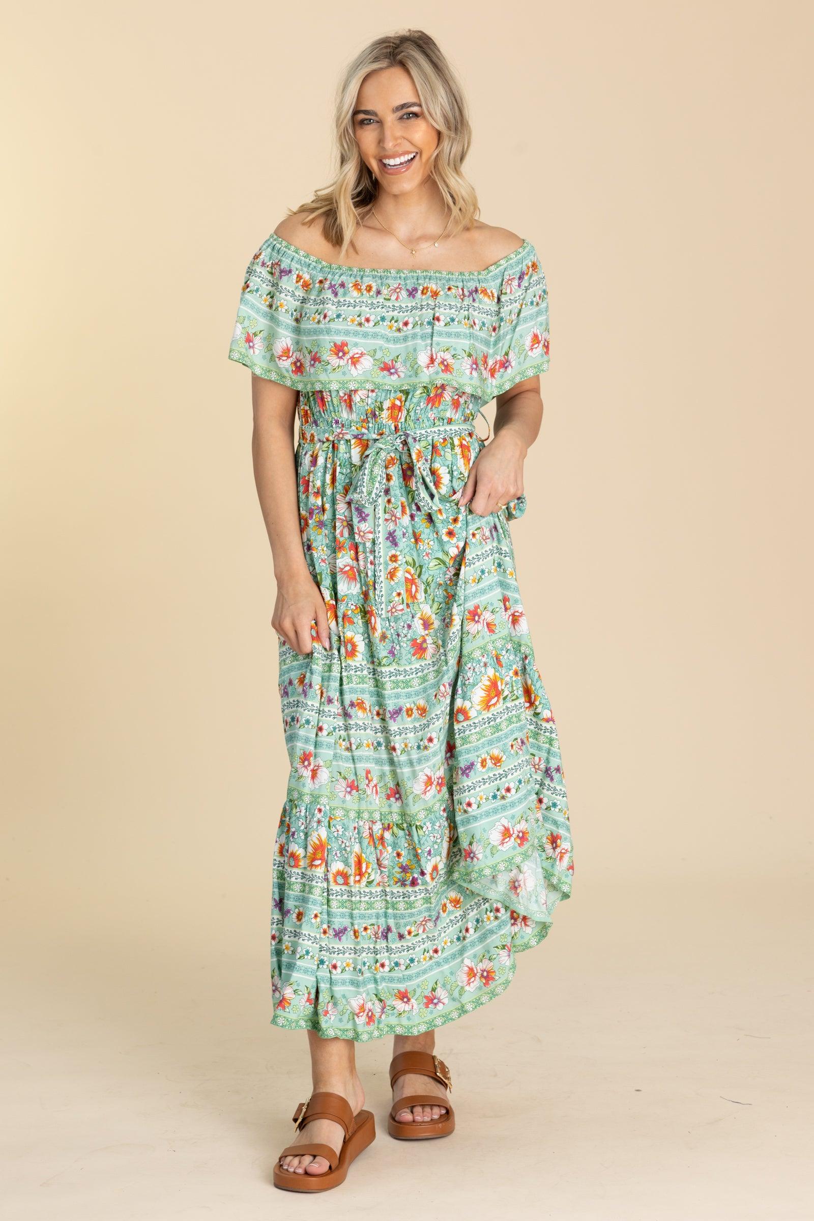 Mint Boho Off The Shoulder Maxi Dress Product Image