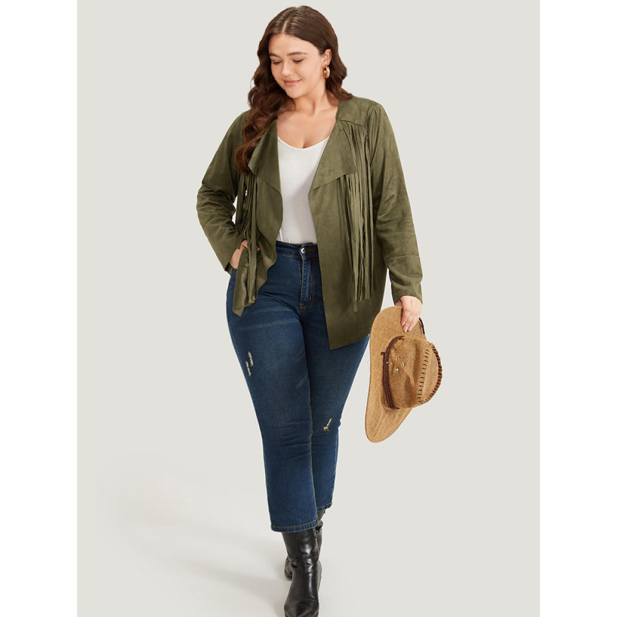 Plus Size Plain Tassel Trim Open Front Jacket Women ArmyGreen Tassels Vacation Jackets BloomChic 10/M Product Image