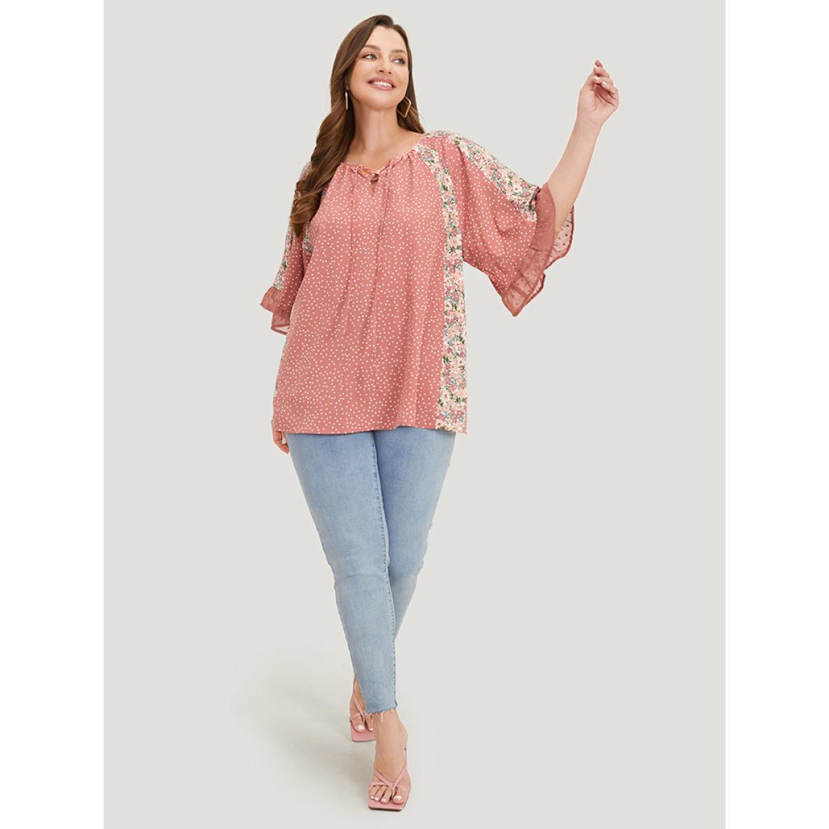 Plus Size Rouge Polka Dot & Ditsy Floral Flounce Sleeve Lace Up Blouse Women Elegant Half Sleeve Tie Neck Dailywear Blouses BloomChic 10/M Product Image