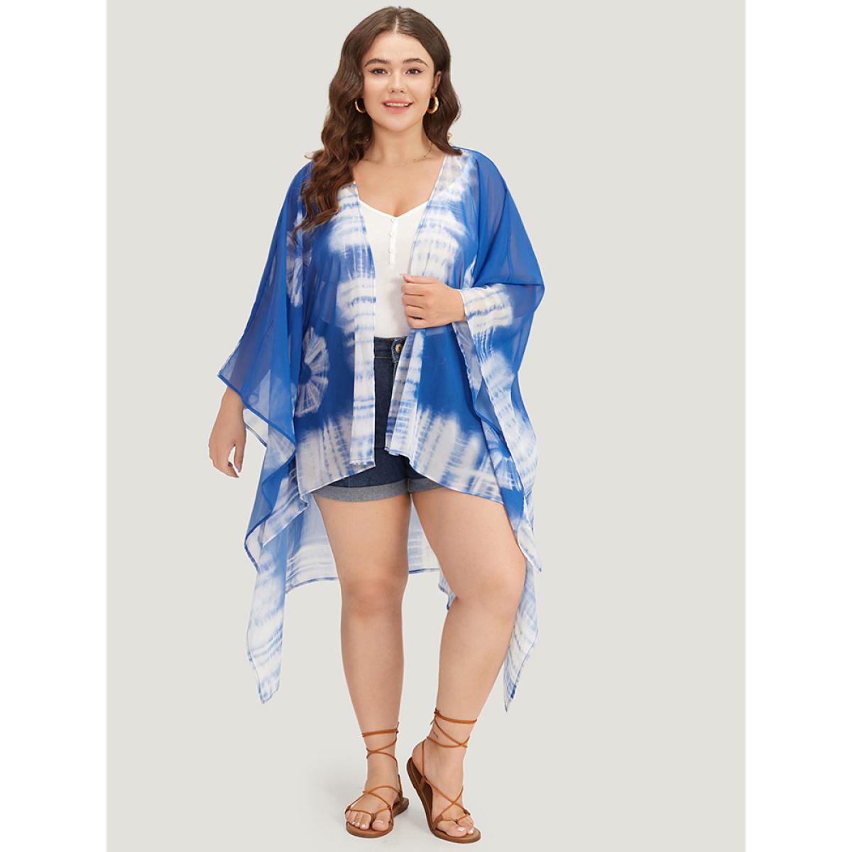 Plus Size UltraCool Tie Dye Asymmetrical Hem Open Front Kimono Women DarkBlue Casual Drape Loose Dailywear Kimonos BloomChic 18-20/2X Product Image