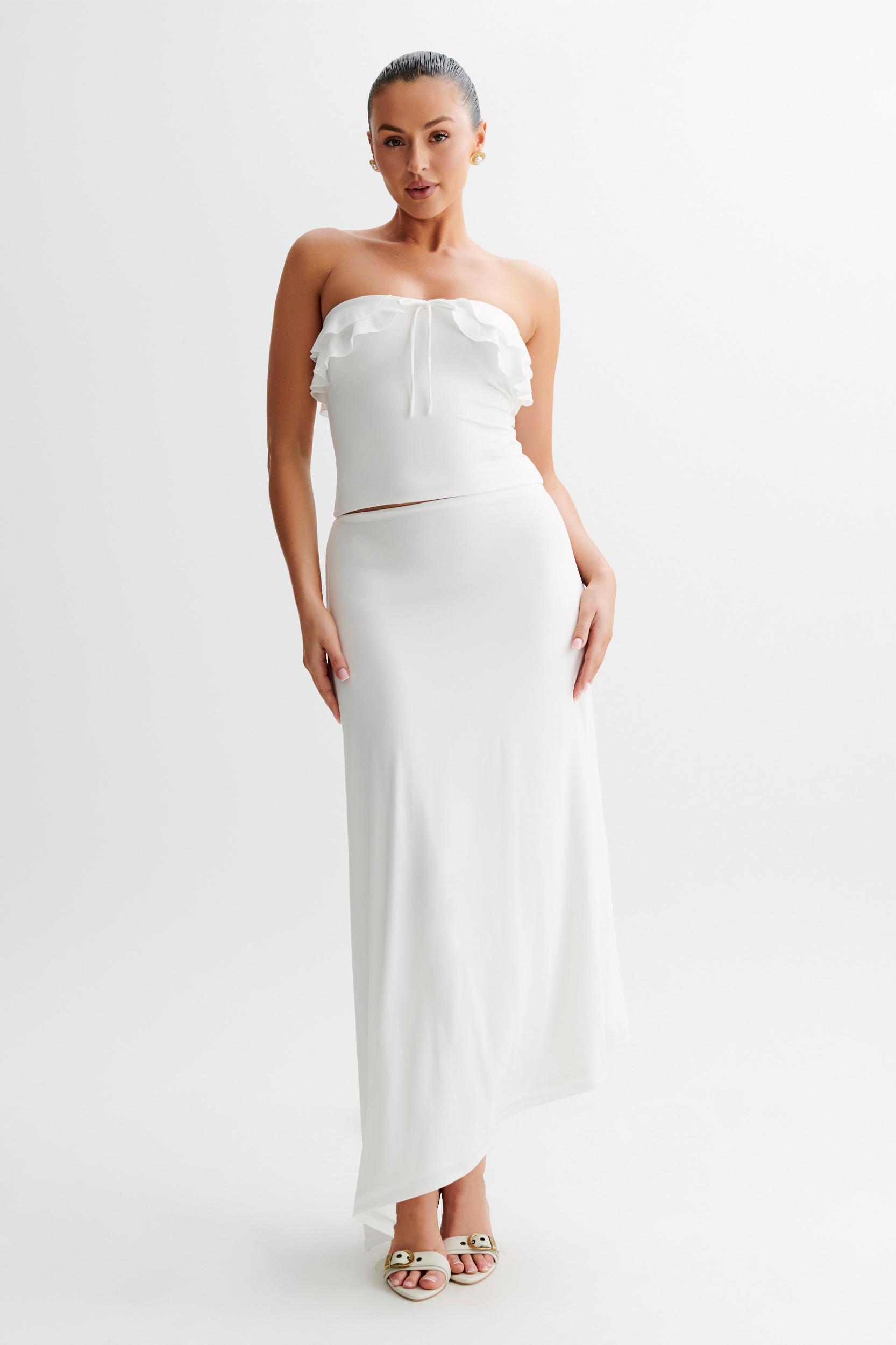 Bea Asymmetrical Slinky Maxi Skirt - White Product Image