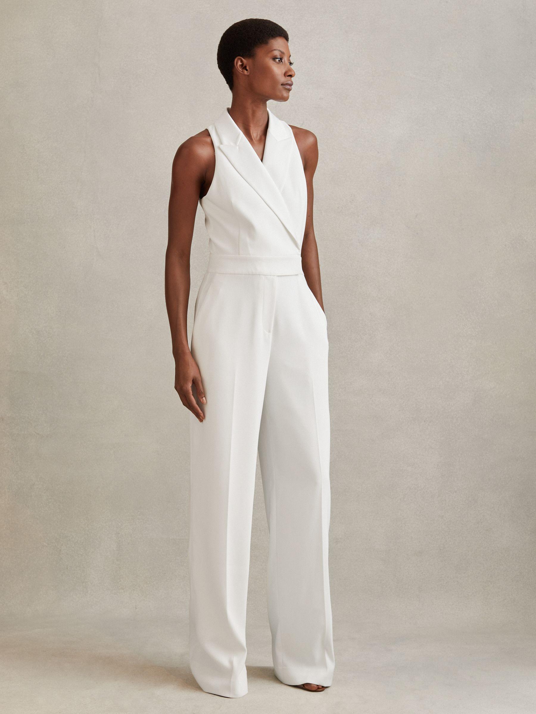 Double Breasted Satin Tux Jumpsuit in White Product Image
