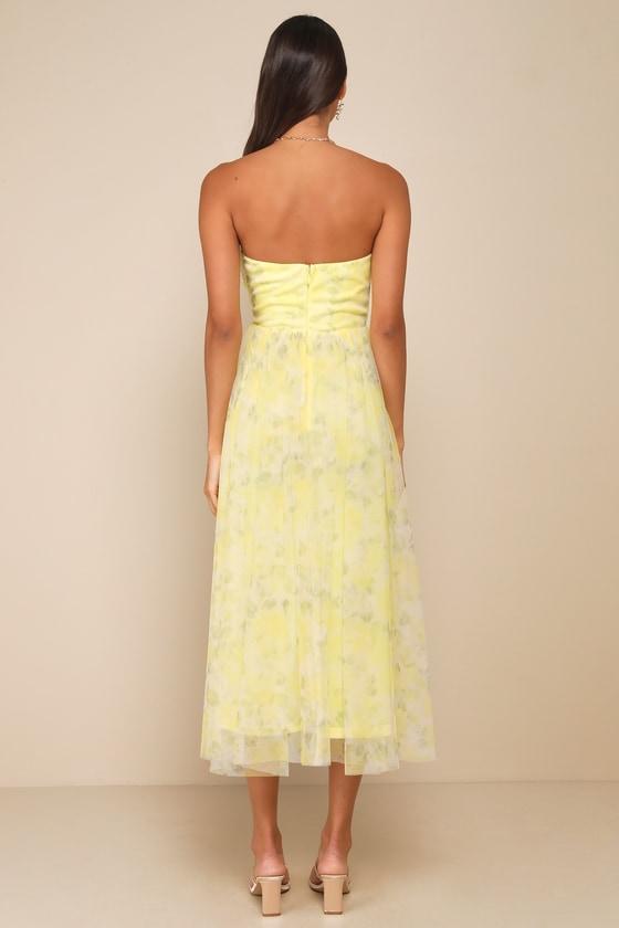 Perfect Whimsy Yellow Floral Mesh Strapless Midi Dress Product Image