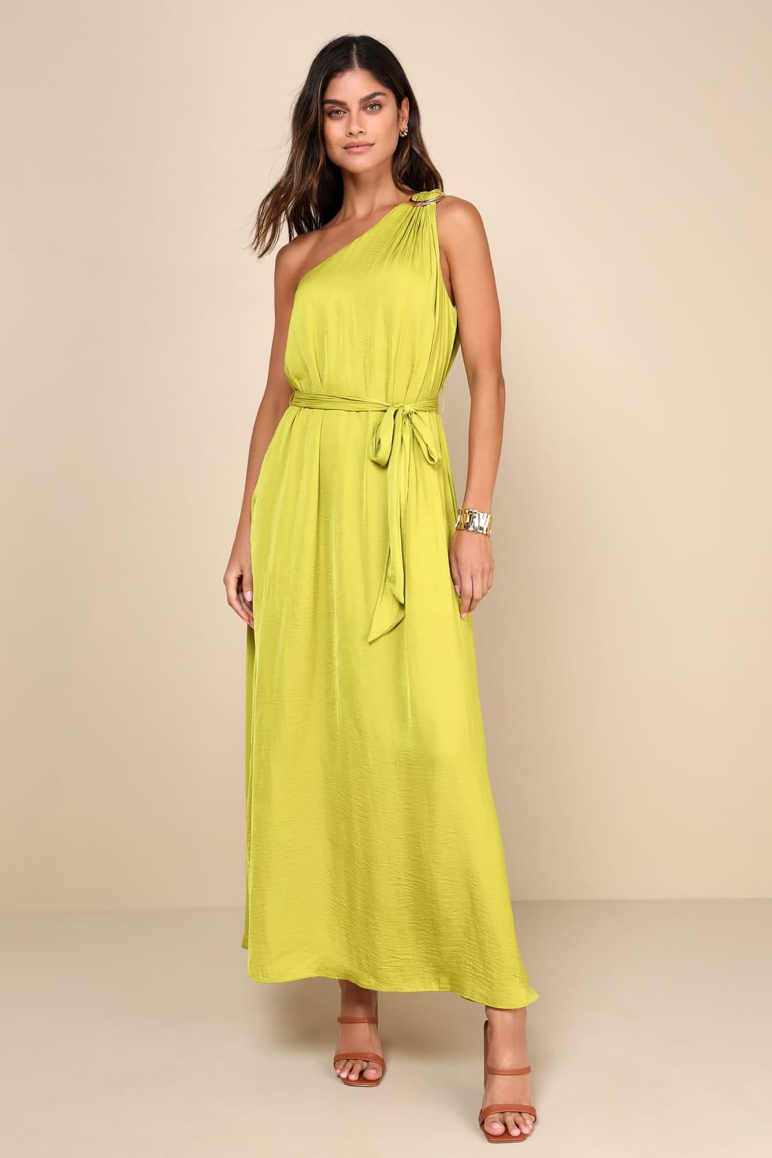 Goddess Aura Chartreuse Satin One-Shoulder Maxi Dress Product Image