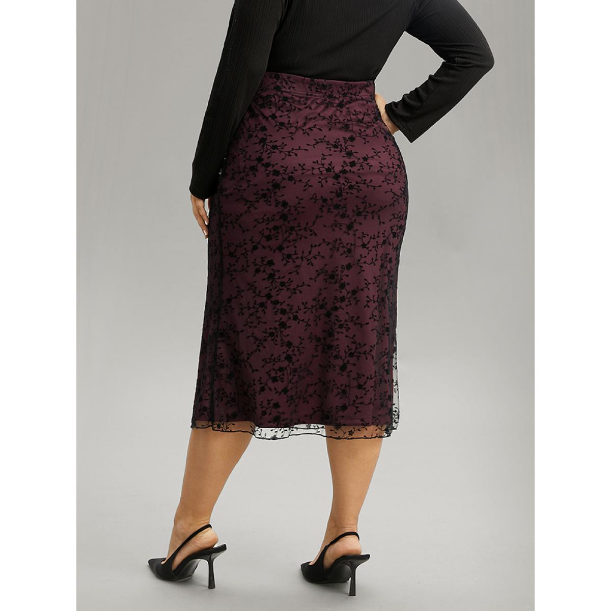 Plus Size Silhouette Floral Print Flocking Elastic Waist Skirt Women Burgundy Elegant Velvet Bodycon Low stretch Dailywear Skirts BloomChic 30/6X Product Image