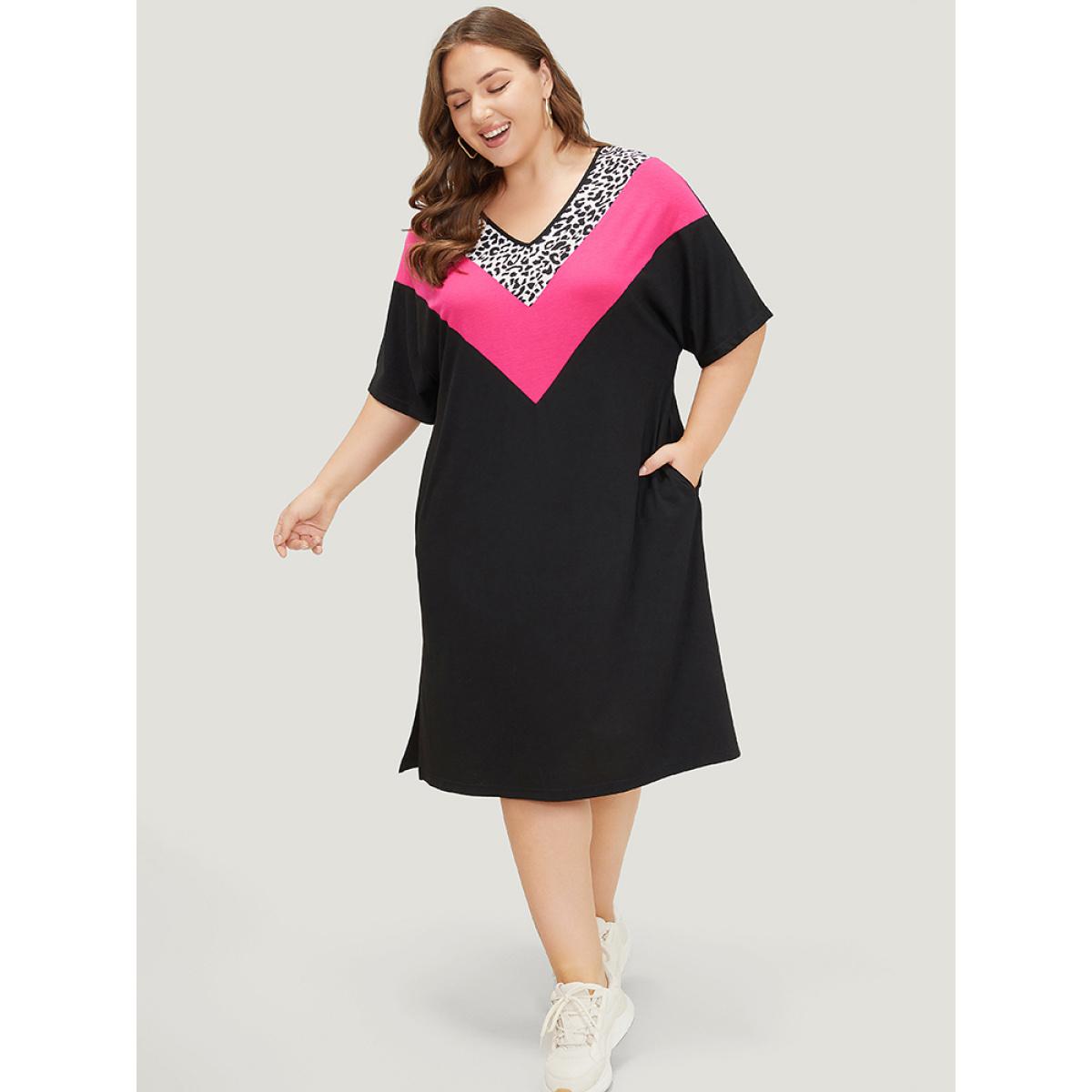 Plus Size Supersoft Essentials Leopard Contrast Batwing Sleeve Pocket Split Hem Dress Black Women Casual Plain V-neck Half Sleeve Curvy Midi Dress BloomChic 14-16/1X Product Image