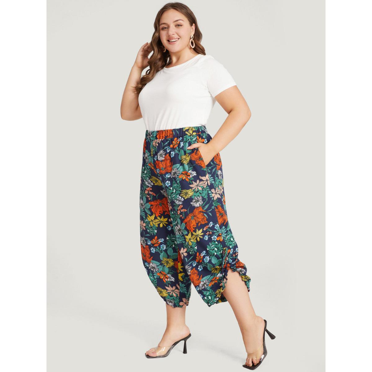 Plus Size Floral Print Drawstring Elastic Waist Pocket Pants Women Multicolor Elegant High Rise Dailywear Pants BloomChic 28/5X Product Image