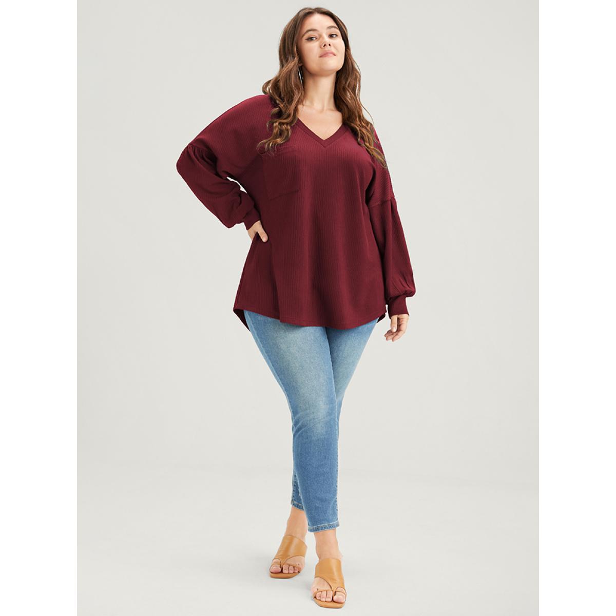 Plus Size Solid Drop Shoulder Pocket Arc Hem Rib Knit Sweatshirt Women Burgundy Elegant Plain V-neck Dailywear Sweatshirts BloomChic 26/4X Product Image