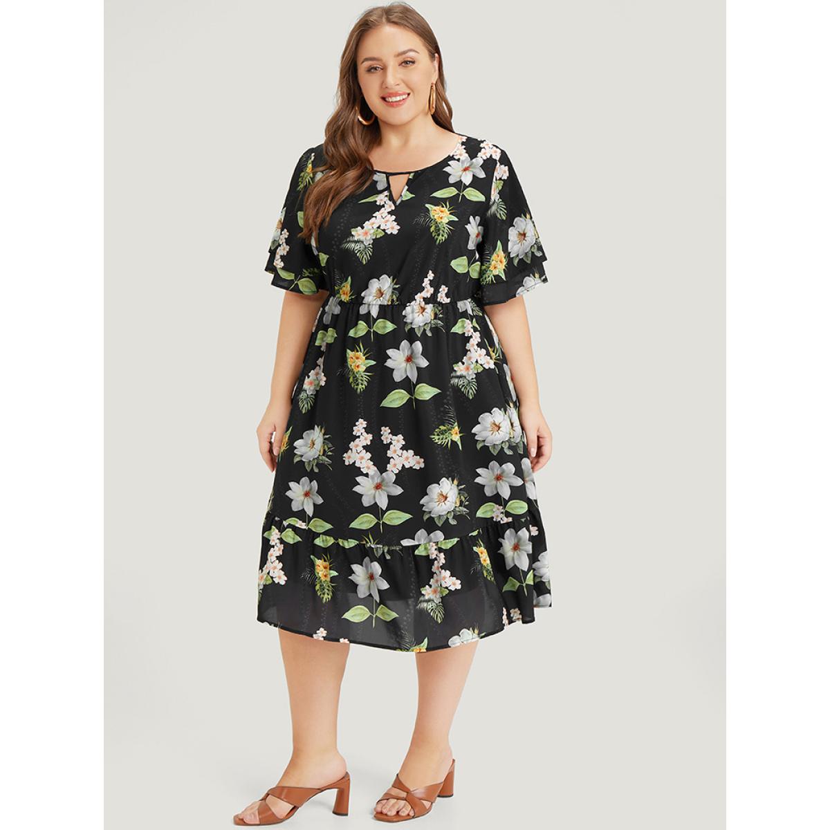Plus Size Floral Print Ruffle Pocket Keyhole Round Neck Dress BlackFlower Women Elegant Keyhole V-neck Short sleeve Curvy Midi Dress BloomChic 14-16/1X Product Image