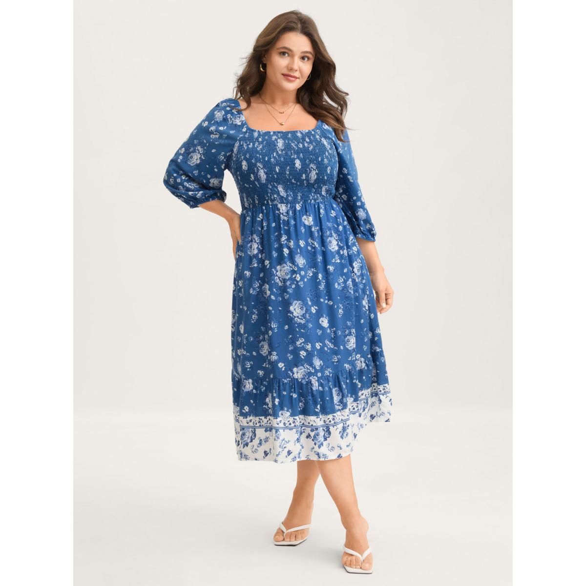 Plus Size Rosy Print Shirred Bust Pockets Midi Dress Mediumblue Women Square Neck Elbow-length sleeve Curvy BloomChic 10/M Product Image