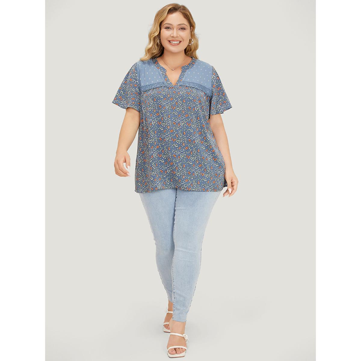 Plus Size Stone Ditsy Floral & Polka Dot Lace Notched Neck Blouse Women Elegant Short sleeve Notched collar Dailywear Blouses BloomChic 10/M Product Image