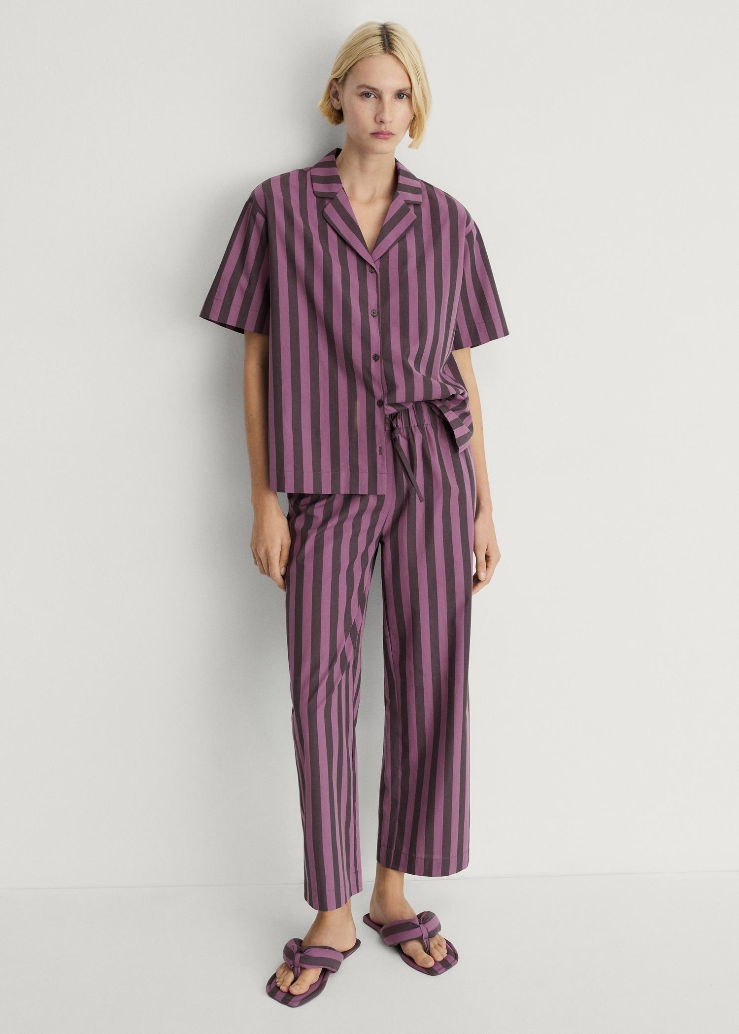 Two-tone woven striped short shirt - Women | MANGO USA Product Image