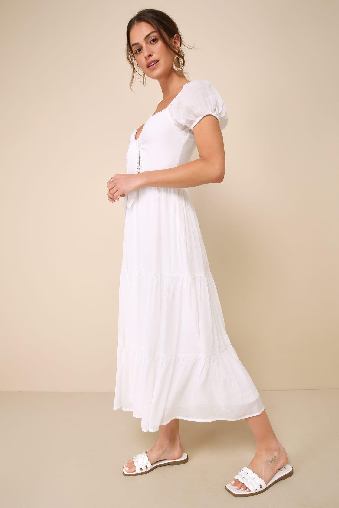 Darling Concept White Tiered Tie-Front Puff Sleeve Midi Dress Product Image