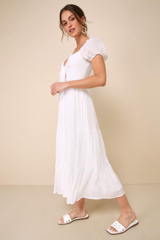 Darling Concept White Tiered Tie-Front Puff Sleeve Midi Dress Product Image