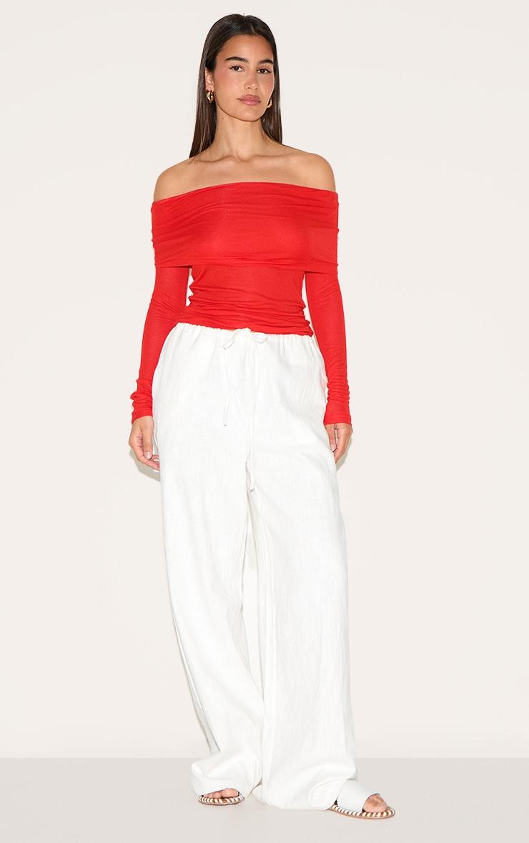 Tomato Red Sheer Soft Touch Fold Over Detail Bardot Long Sleeve Top Product Image