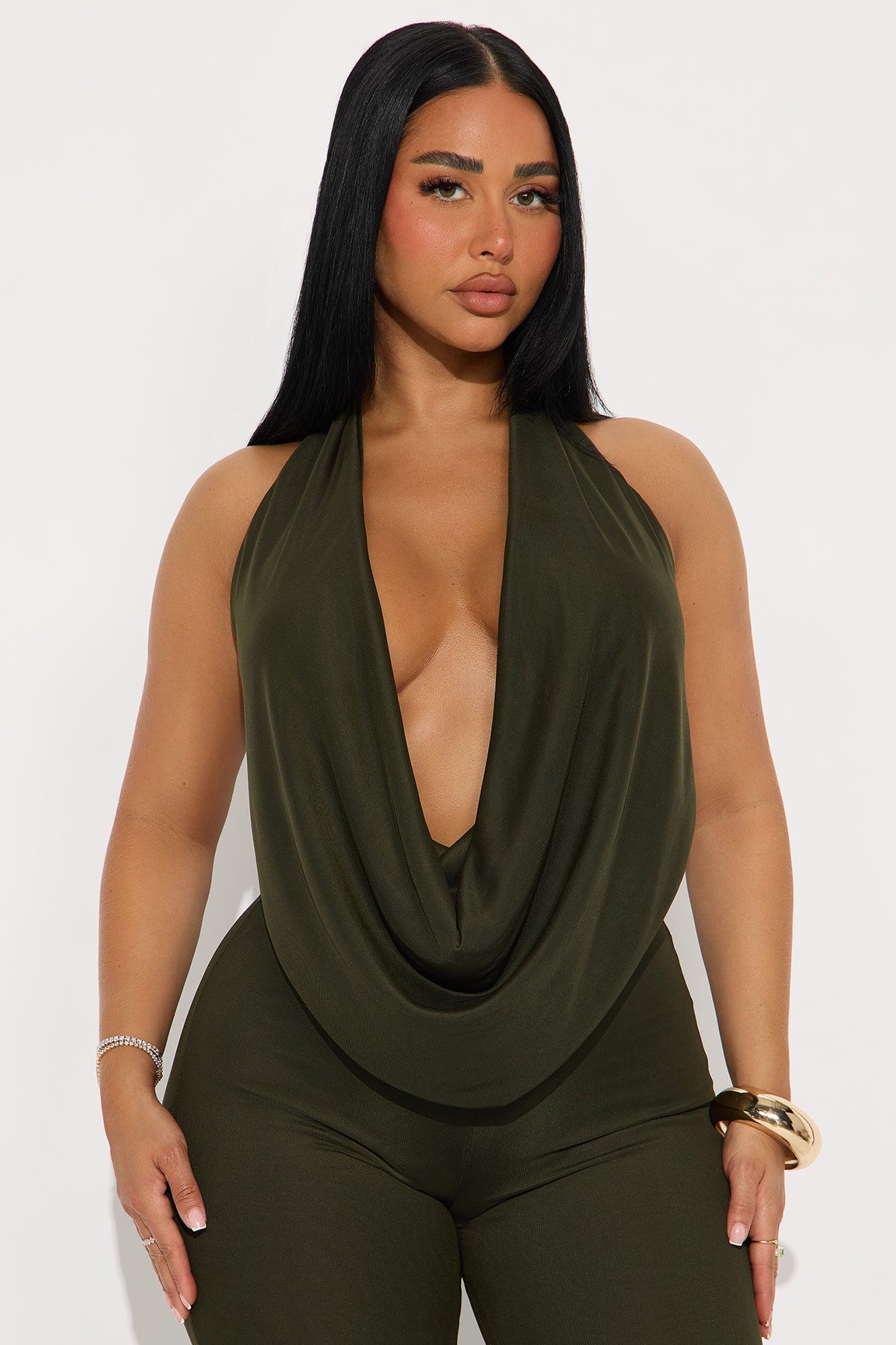 Shayna Cowl Halter Mesh Pant Set - Olive Female Product Image