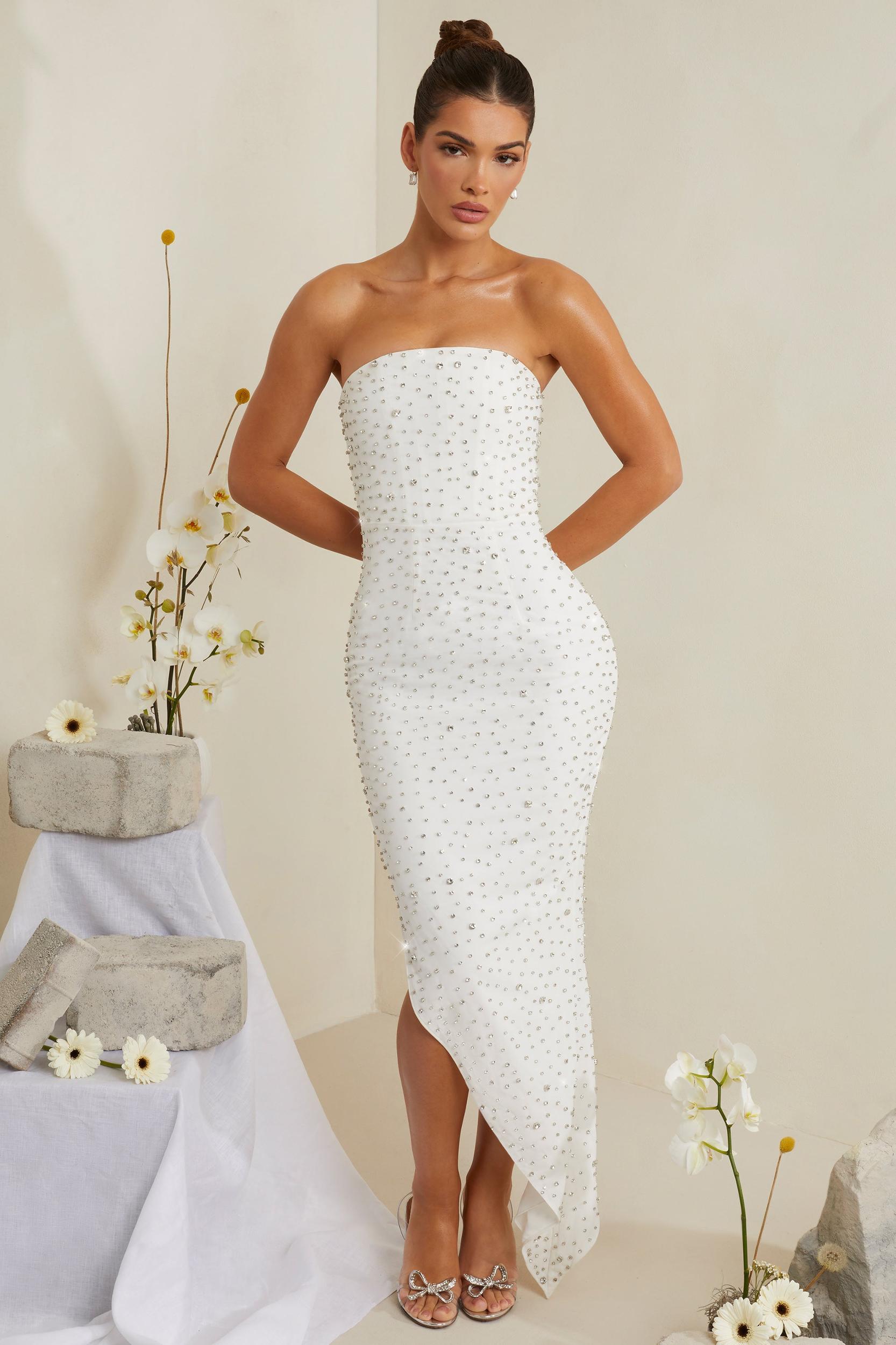 Hand Embellished Asymmetric Midi Dress in White Product Image