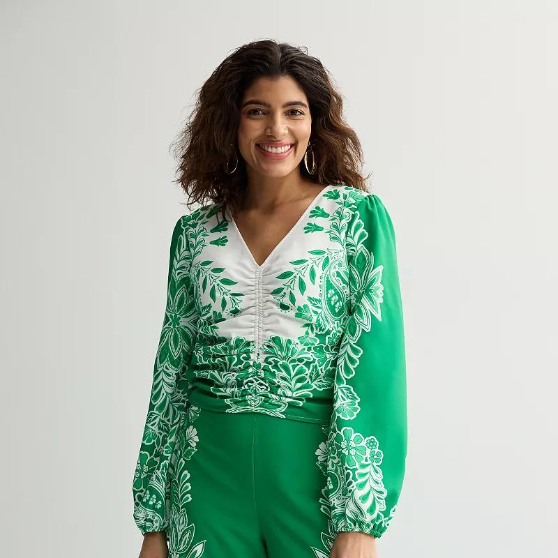 Women's INTEMPO™ Cinched Border V-Neck Top, Size: XXL, Green Product Image