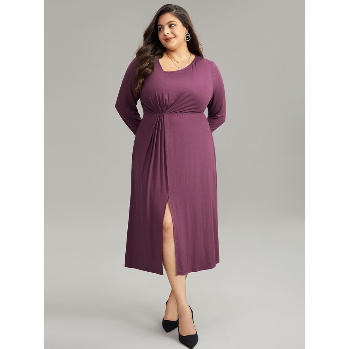 Plus Size Solid Twist Front Gathered Split Hem Dress Mauve Women Office Plain Asymmetrical Neck Long Sleeve Curvy Midi Dress BloomChic 26/4X Product Image