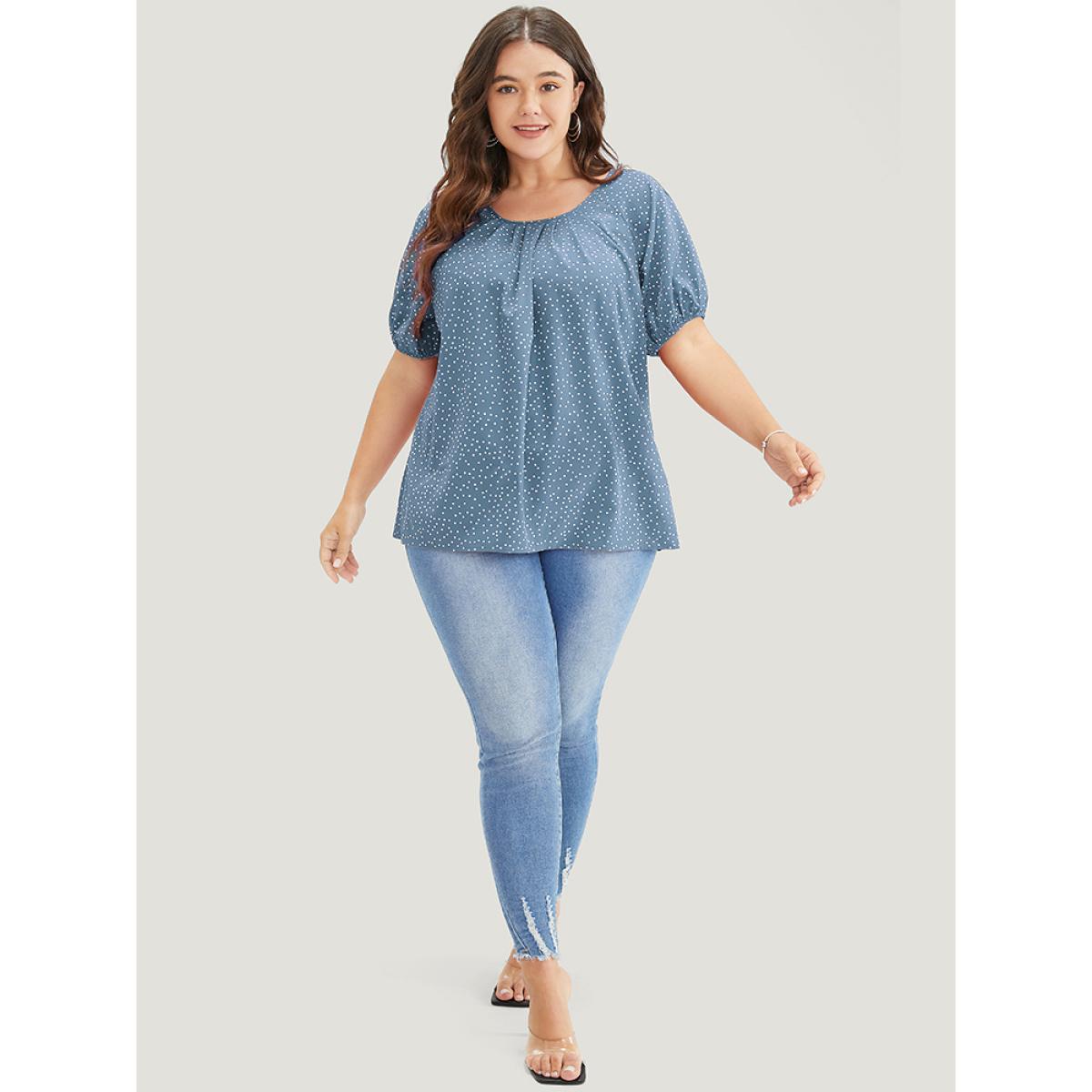 Plus Size Stone Polka Dot Pleated Round Neck Puff Sleeve Blouse Women Office Short sleeve Round Neck Work Blouses BloomChic 26/4X Product Image