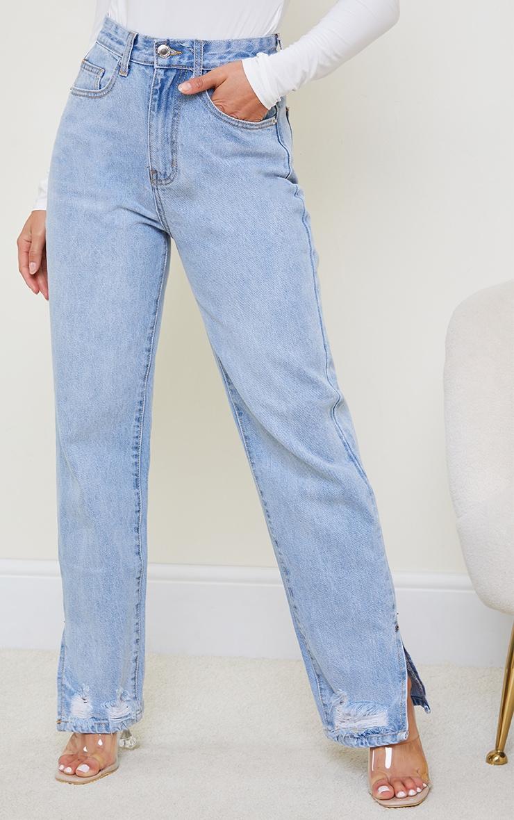 Petite Light Blue Wash Ripped Split Hem Straight Leg Jeans Product Image