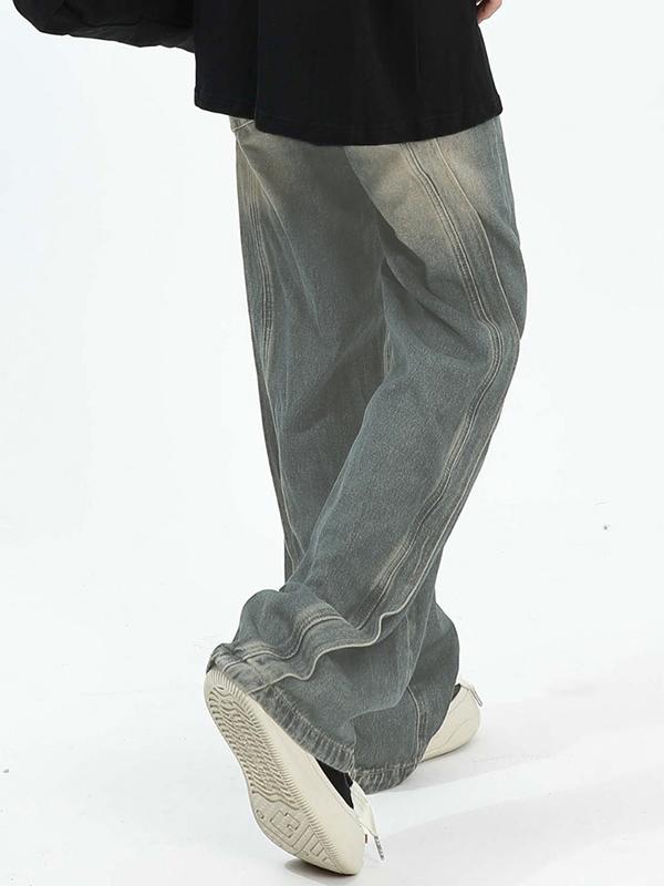 Men's Vintage Wash Splice Loose Jeans Product Image