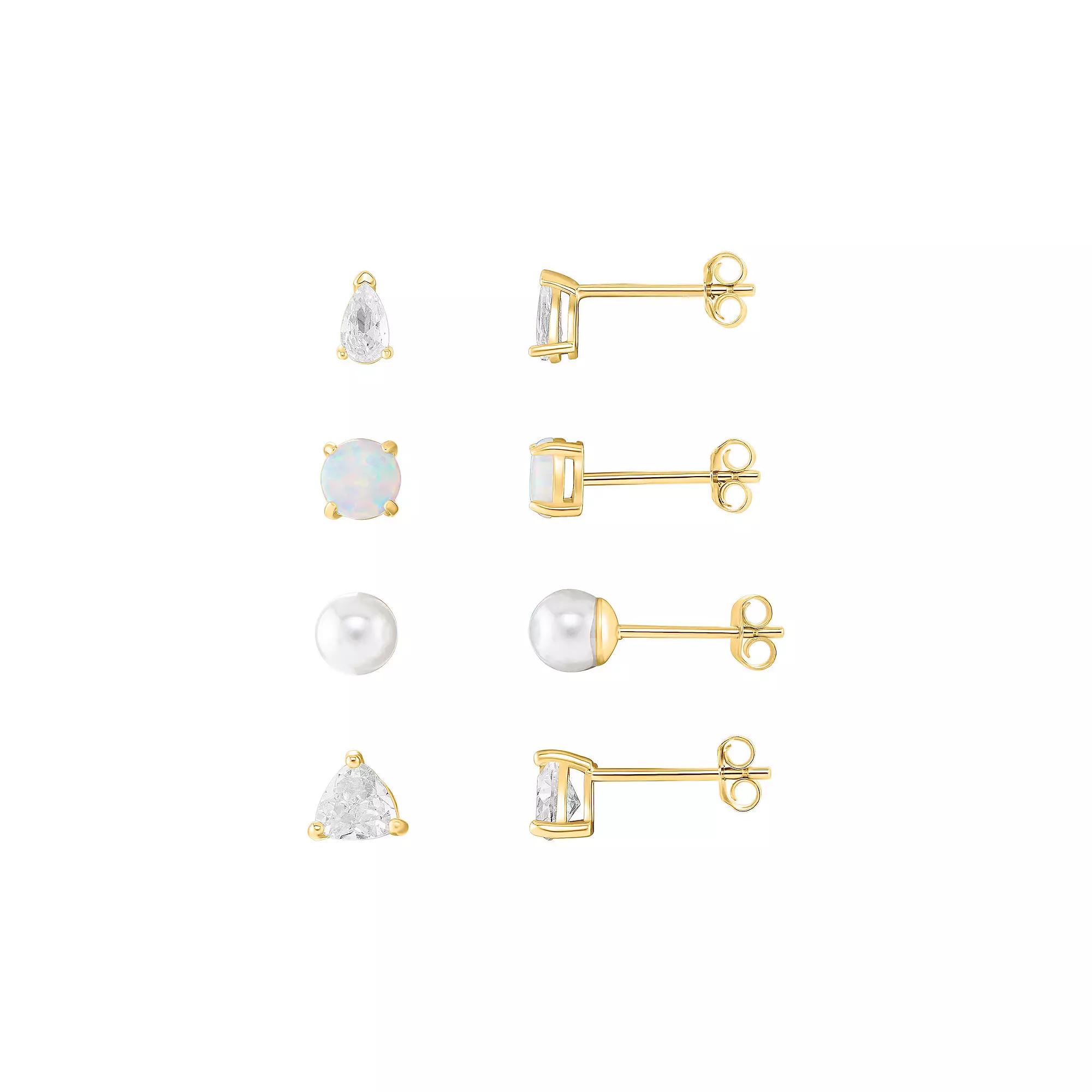PRIMROSE 18k Gold Plated Cubic Zirconia, Opal & Simulated Pearl 4-Piece Stud Earring Set, Women's, Yellow Gold Tone Clear Product Image