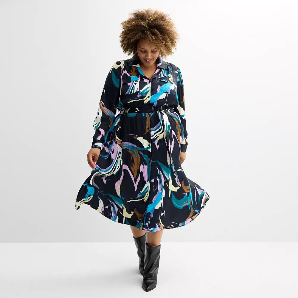 Plus Size Nine West Midi Shirt Dress, Women's, Size: 0X, Multi Brush Flares Product Image