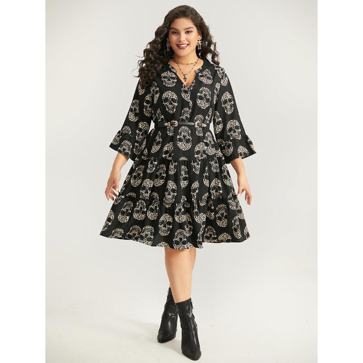 Plus Size Halloween Skull Print Notched Flutter Dress Black Women Office Gathered Notched collar Elbow-length sleeve Curvy Midi Dress BloomChic 14-16/1X Product Image