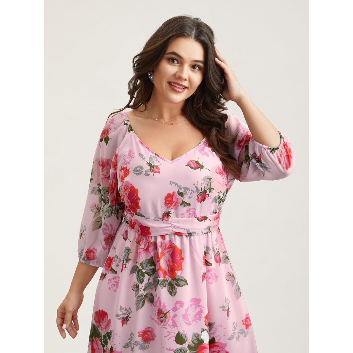 Plus Size Rosy Print Pockets Pleated Midi Dress MistyRose Women Elegant Gathered V-neck Elbow-length sleeve Curvy BloomChic 22-24/3X Product Image