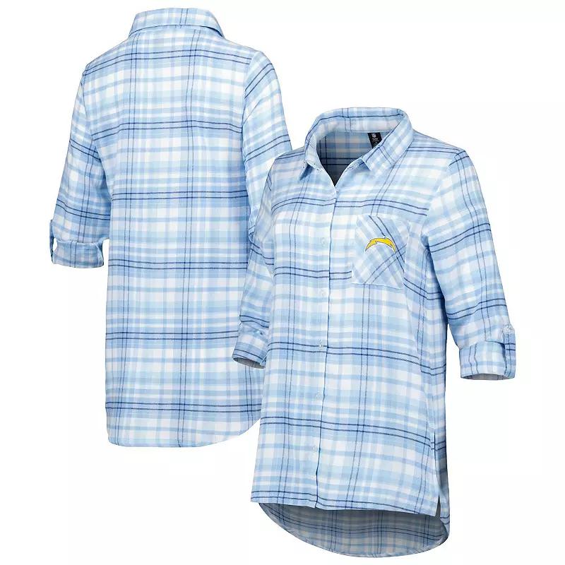 Women's Concepts Sport Powder Blue/Navy Los Angeles Chargers Mainstay Flannel Full-Button Long Sleeve Nightshirt,  Product Image