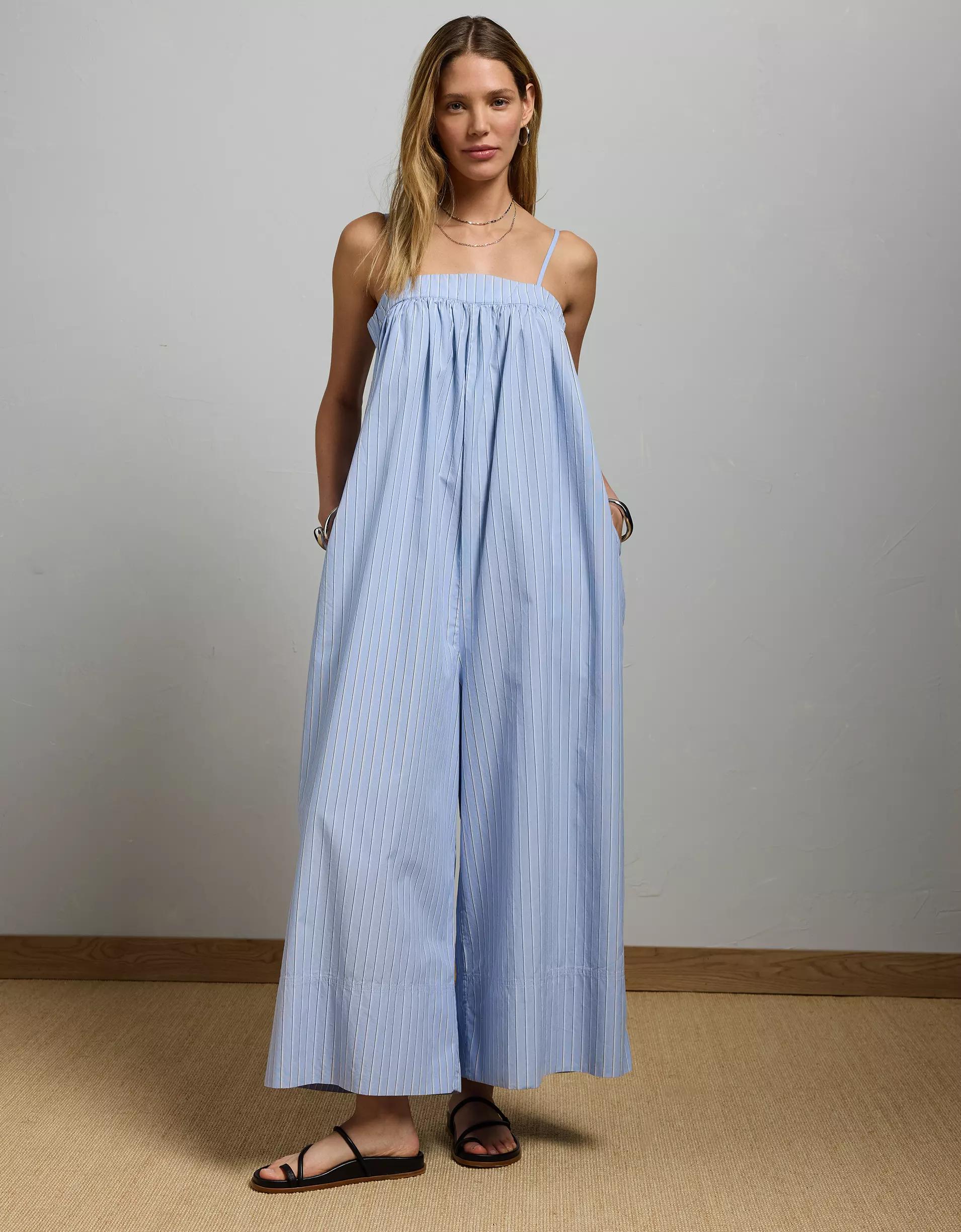 AE77 Premium Wide-Leg Cropped Poplin Jumpsuit Product Image