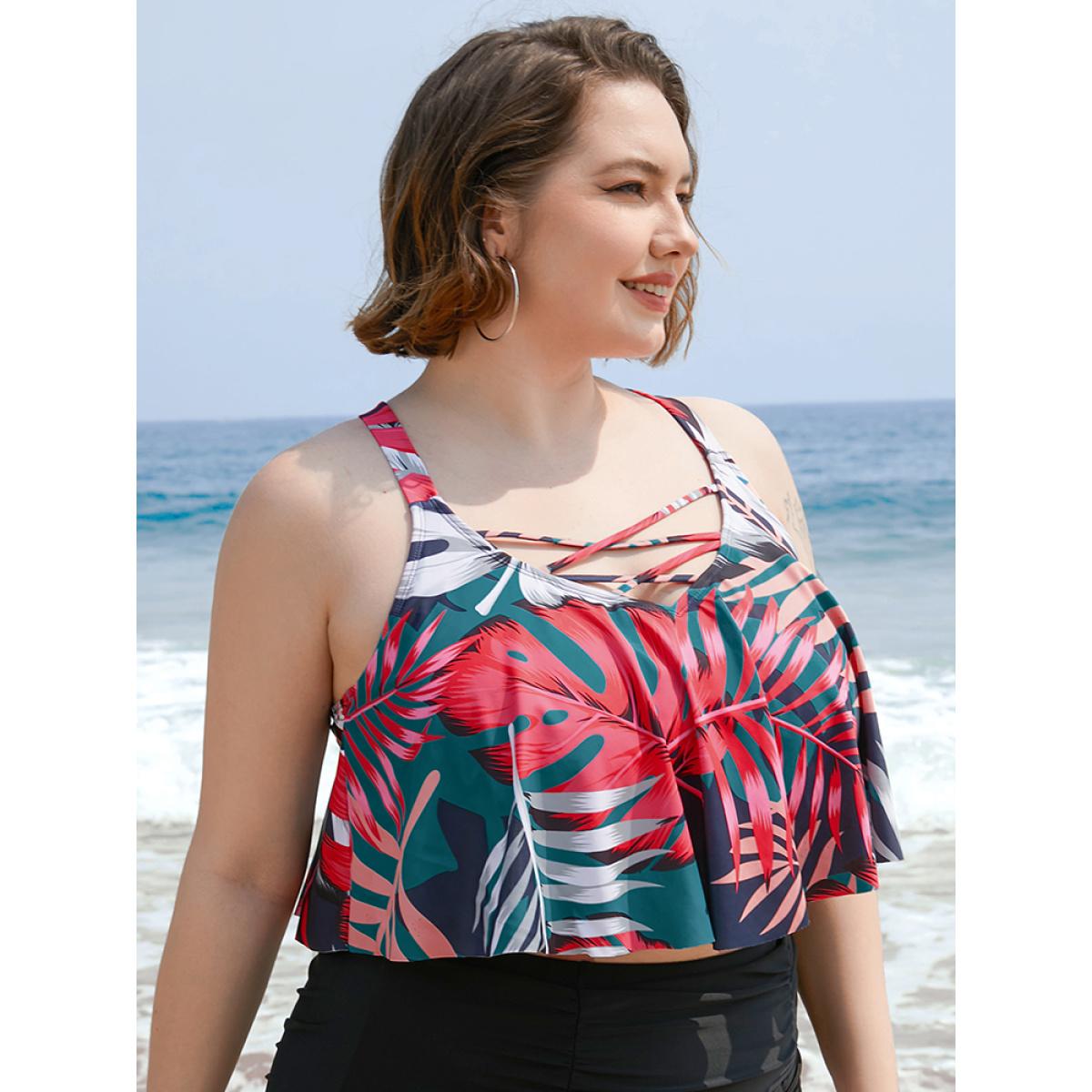 Plus Size Leaf Print Contrast Ruffle Crisscross Front Tankini Top Women's Swimwear Indigo Vacation Adjustable Straps High stretch Bodycon V-neck Curve Swim Tops BloomChic 28/5X Product Image