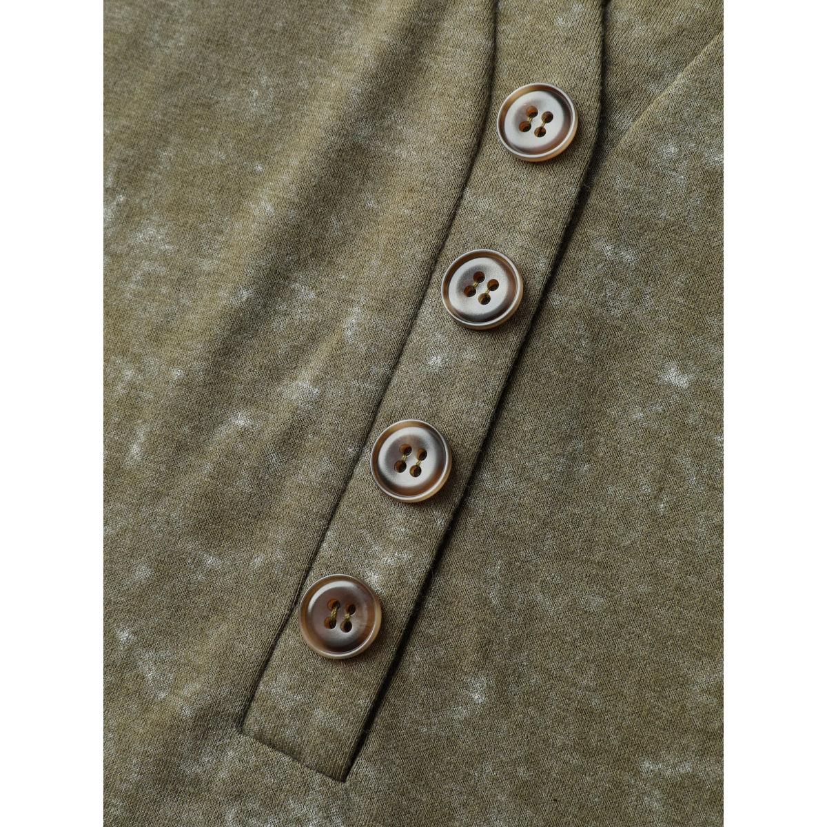 Plus Size Snowflake Effect Button Detail T-Shirt ArmyGreen Women Leisure Button Flat collar with V-notch Casual T-shirts BloomChic 22-24/3X Product Image