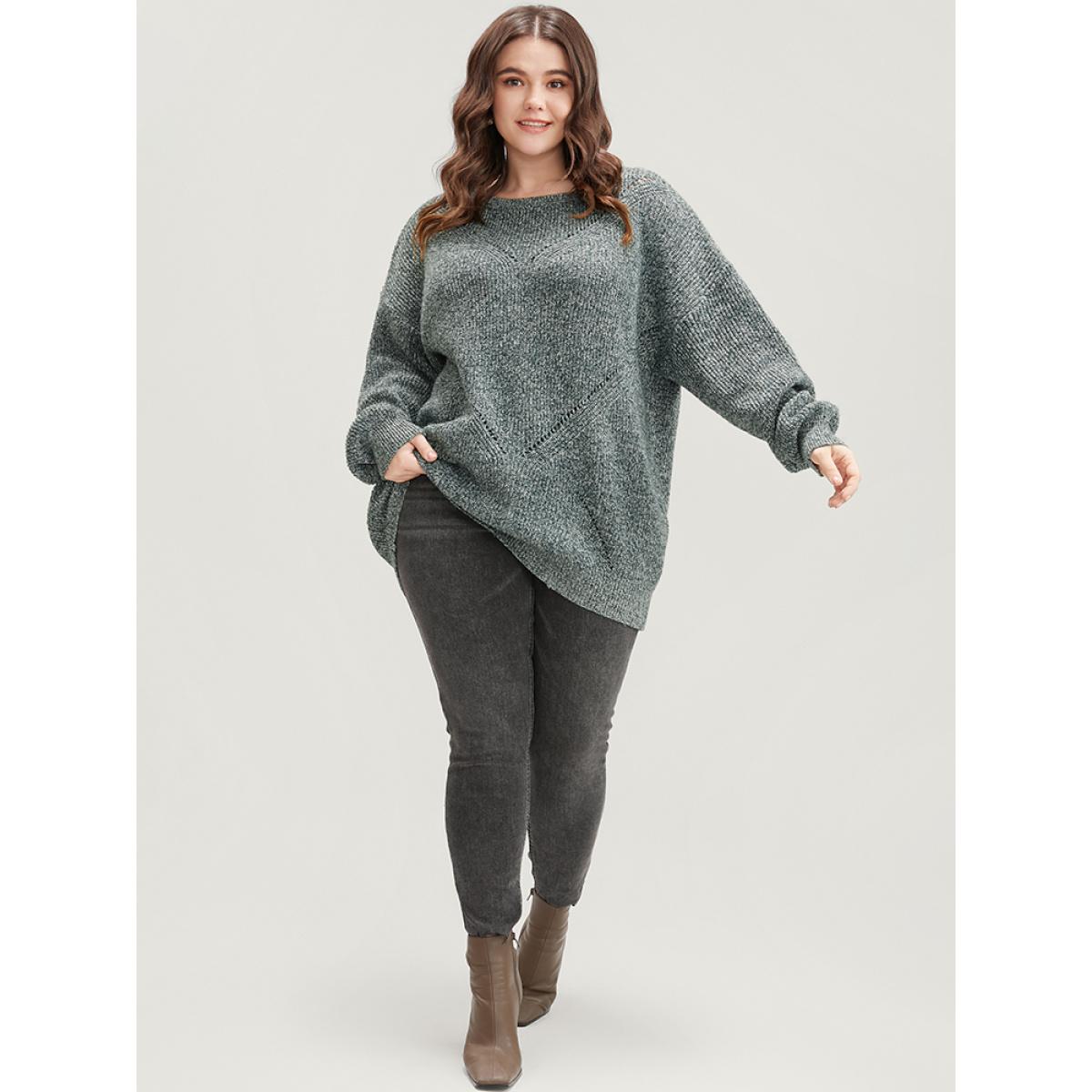 Plus Size Solid Pointelle Knit Round Neck Cut Out Heather Knit Top Cyan Women Casual Loose Long Sleeve Round Neck Dailywear Pullovers BloomChic 26/4X Product Image