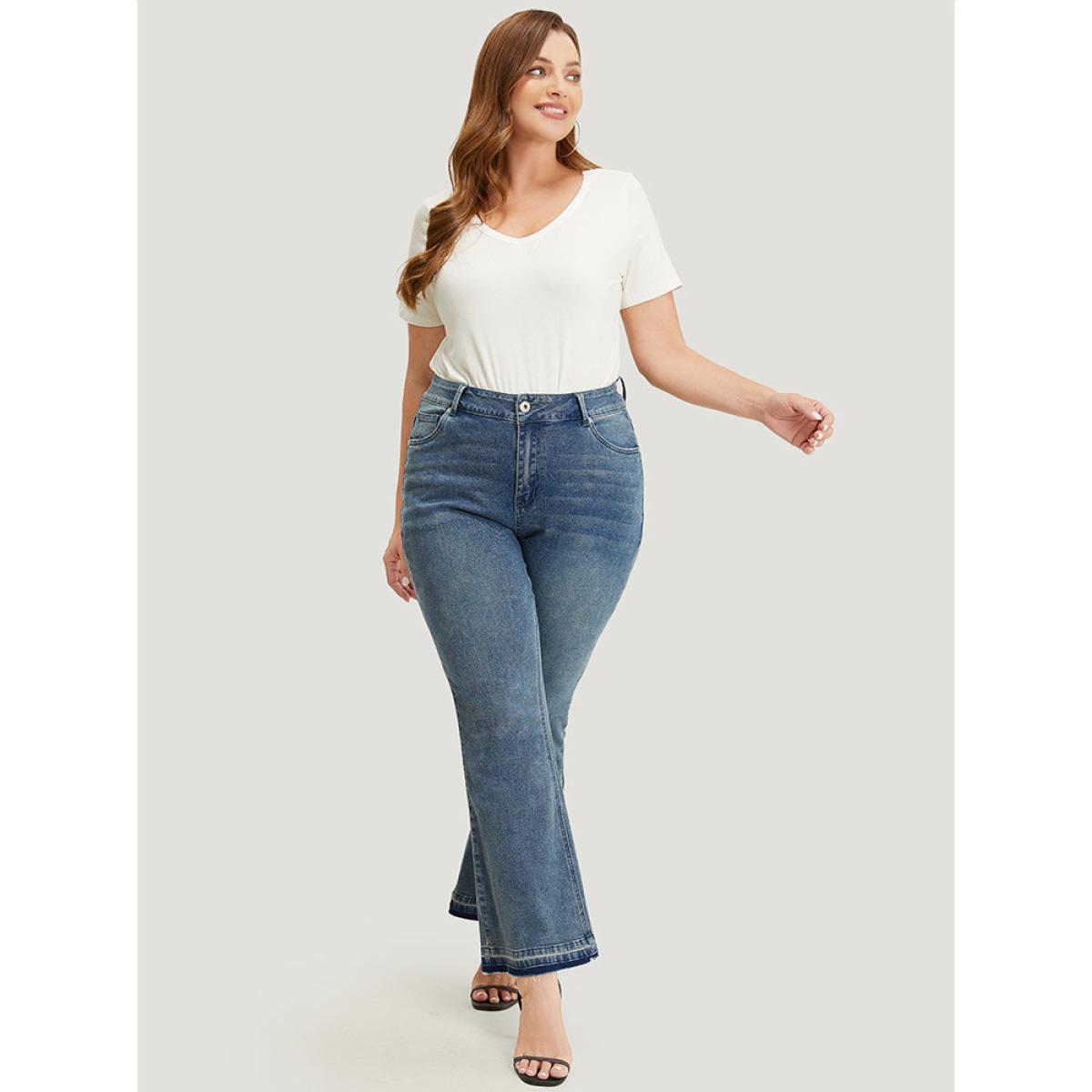 Plus Size Flare Leg Very Stretchy Medium Wash Contrast Hem Jeans Women LightBlue Casual Plain High stretch Pocket Jeans BloomChic 16/1X Product Image